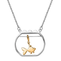 Vermeil Yellow Gold and Platinum Over Sterling Silver Gold Fish Swimming Bowl Necklace 18 Inches 3.25 Grams