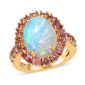 AAA Ethiopian Welo Opal and Morro Redondo Pink Tourmaline Halo Ring in Vermeil Yellow Gold Over Sterling Silver (Size 10.0) 5.20 - Sticky add to cart bar