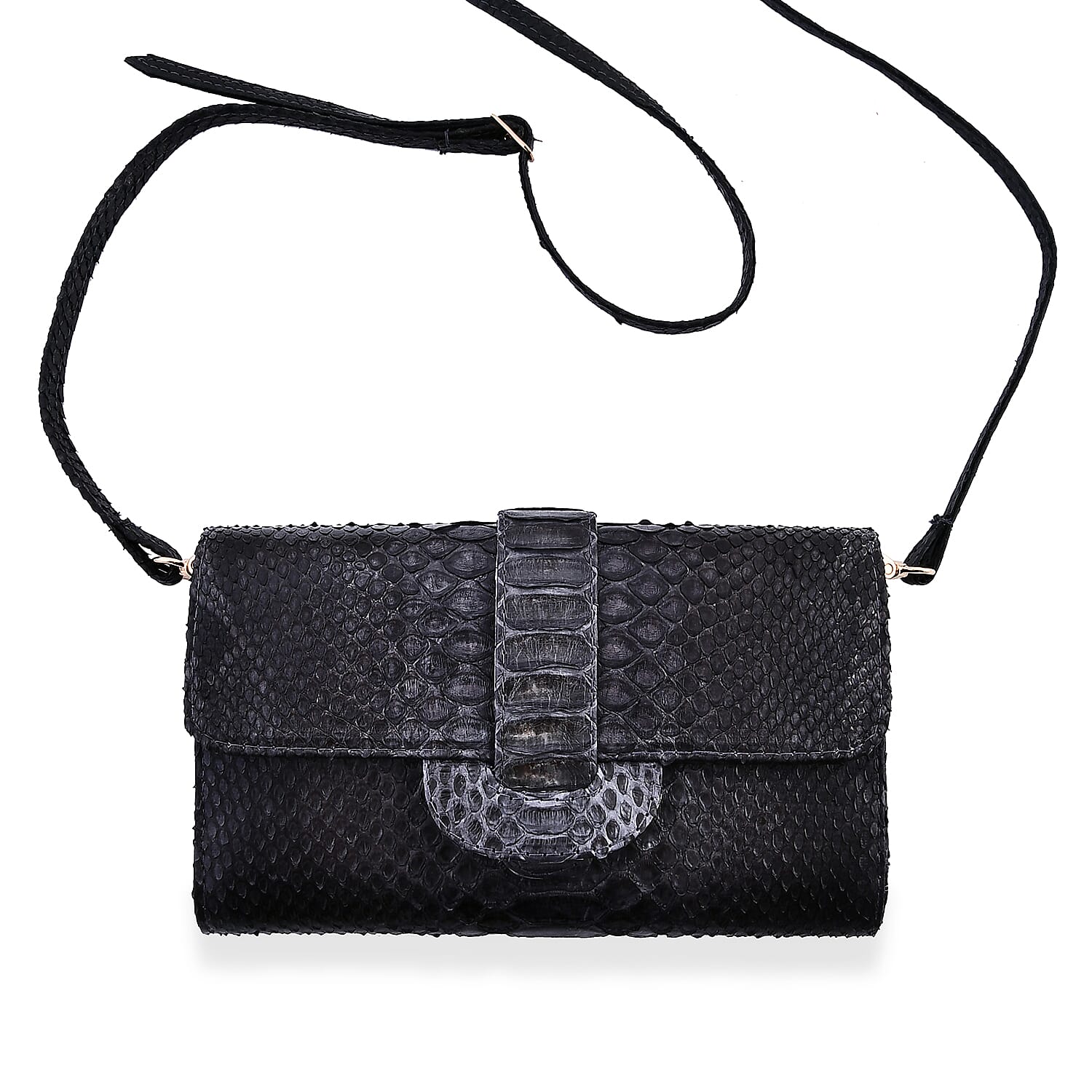 Doorbuster The Grand Pelle Handcrafted Black Color Genuine Python Leather Crossbody Wallet (7.50"x1.60"x4.30")