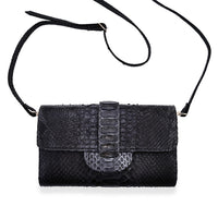 Doorbuster The Grand Pelle Handcrafted Black Color Genuine Python Leather Crossbody Wallet (7.50"x1.60"x4.30")