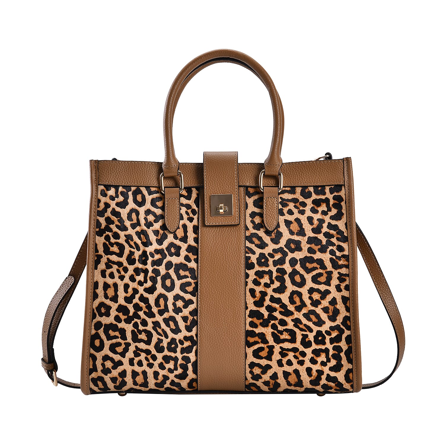 LA Marey Tan and Black Leopard Print Genuine Leather Tote Bag (13"x5.5"x0.8")