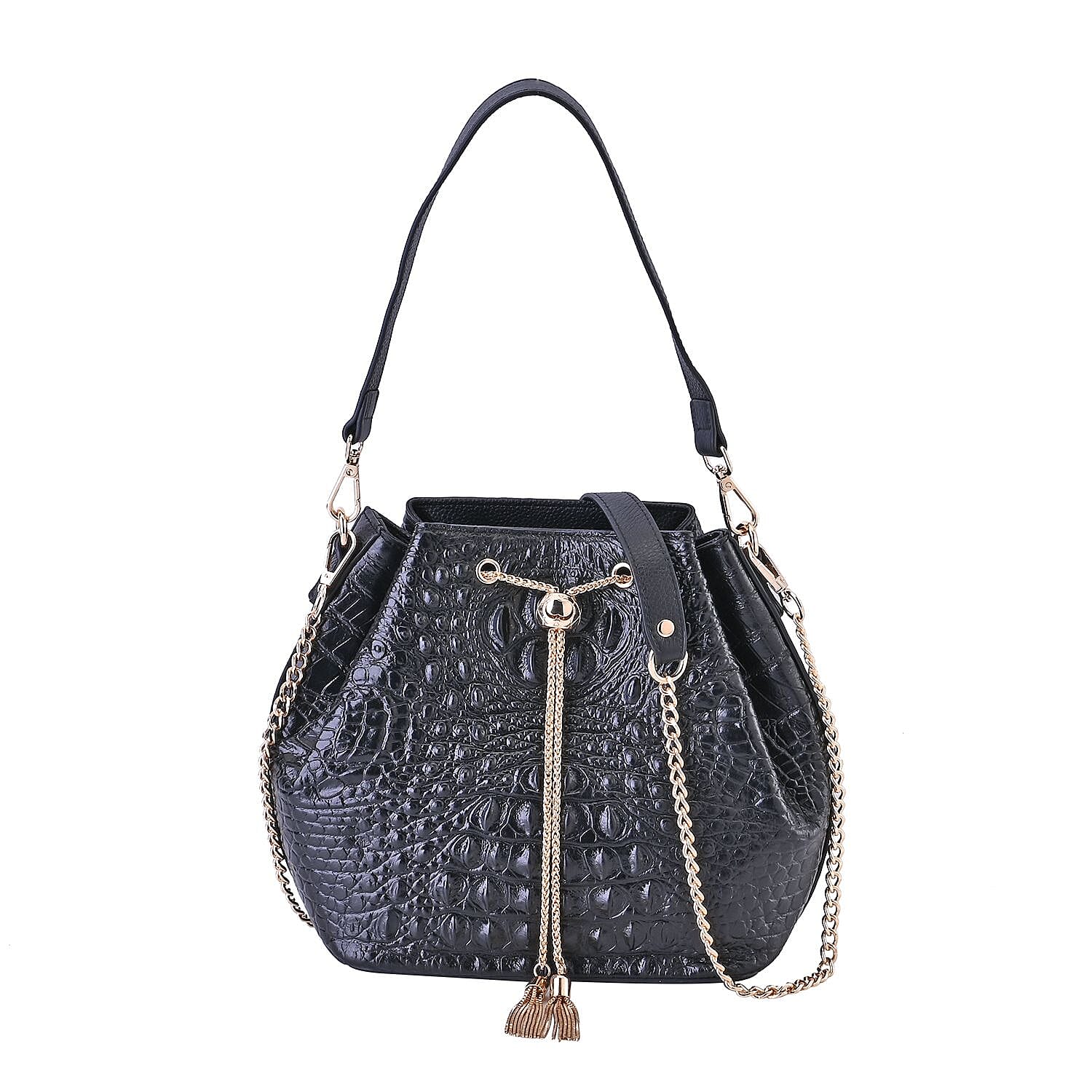 Black Croco Embossed Genuine Leather Bucket Bag (8.26"x4.33"x9.05") with Half Chain and Half Leather Strap
