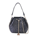 Black Croco Embossed Genuine Leather Bucket Bag (8.26"x4.33"x9.05") with Half Chain and Half Leather Strap - Sticky add to cart bar