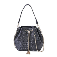 Black Croco Embossed Genuine Leather Bucket Bag (8.26"x4.33"x9.05") with Half Chain and Half Leather Strap
