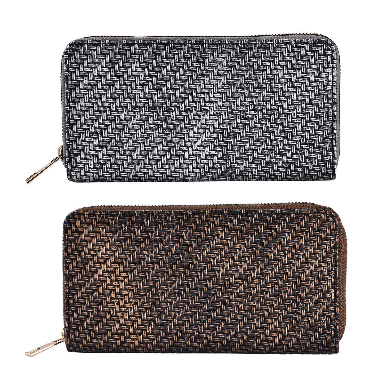 Set of 2 Gold and Silver Crocodile Weave Pattern Faux Leather Wallet (7.5"x0.98"x3.9")