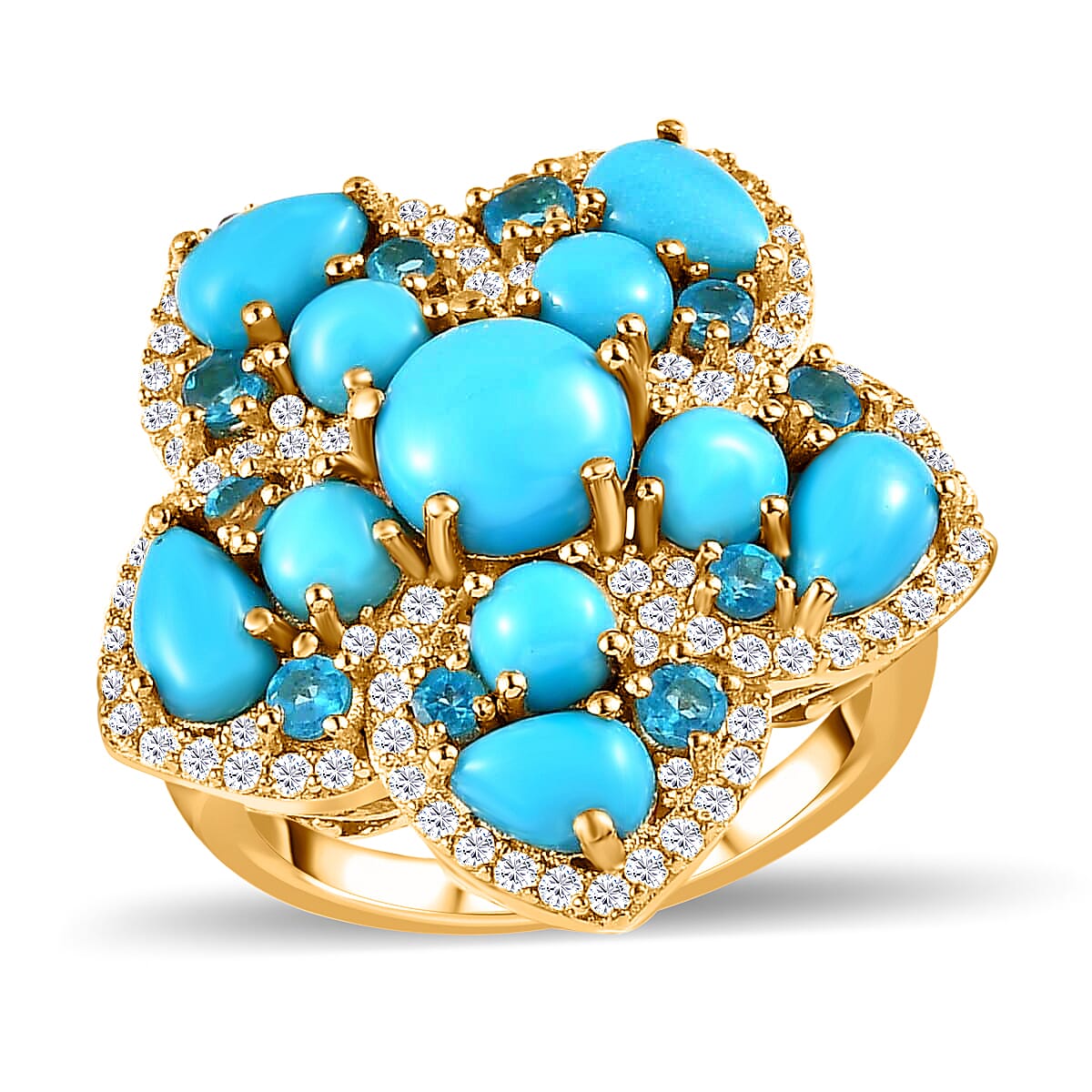 Premium Sleeping Beauty Turquoise and Multi Gemstone Floral Ring in Vermeil Yellow Gold Over Sterling Silver (Size 10.0) 6.25 ctw