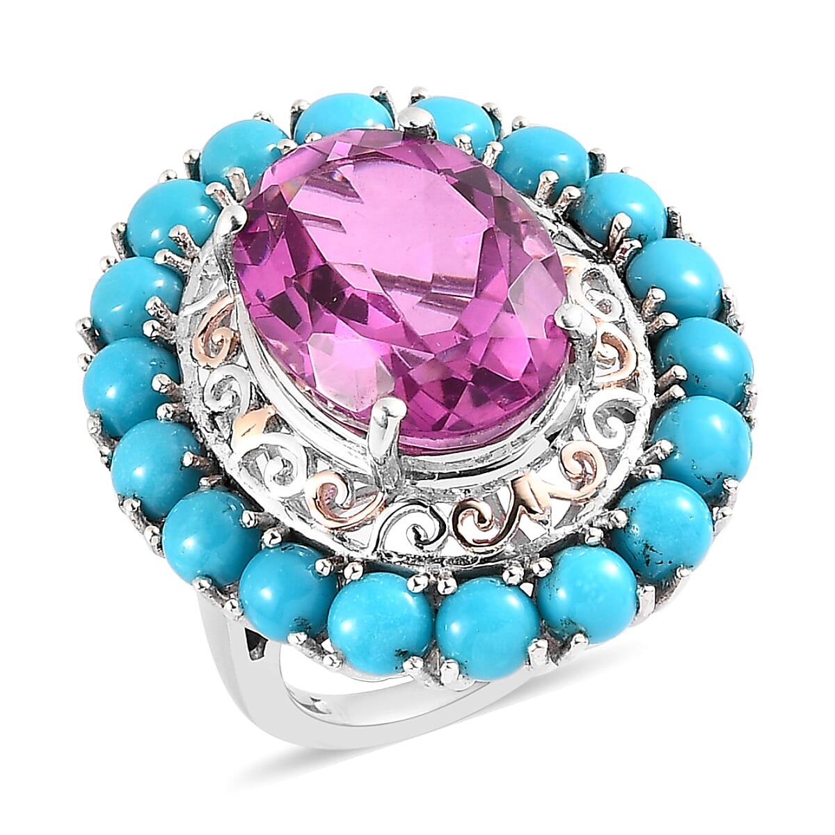 Radiant Orchid Quartz (Triplet) and Sleeping Beauty Turquoise Halo Ring in Vermeil RG and Platinum Over Sterling Silver 14.65 ctw