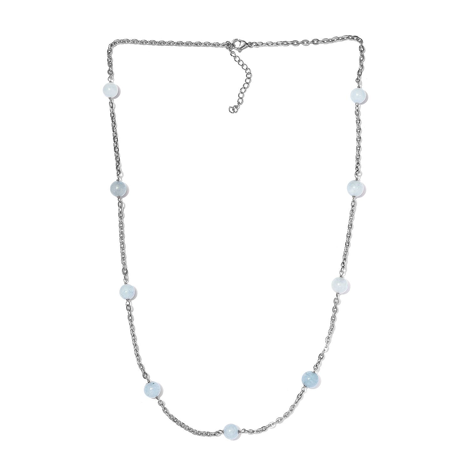 Milky Aquamarine Station Necklace 24 Inches in Stainless Steel 55.00 ctw