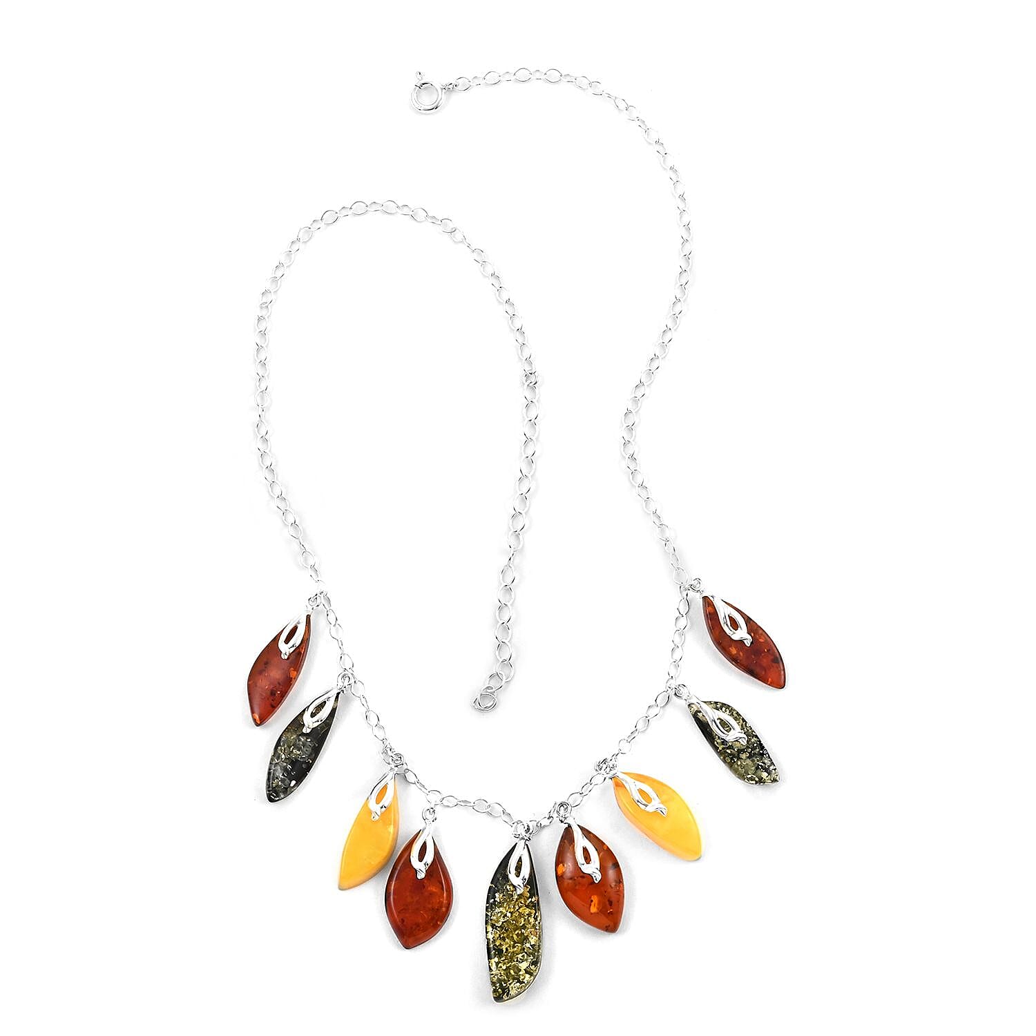 Multi Colored Amber Necklace 20-22 Inches in Sterling Silver
