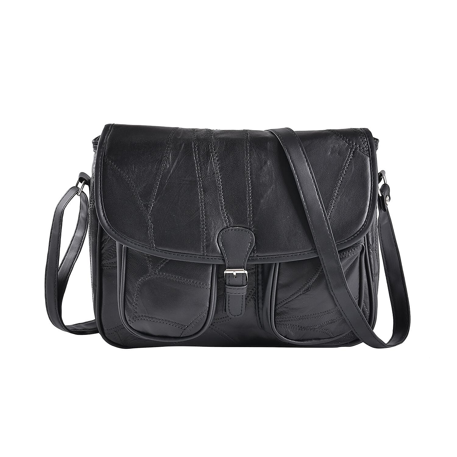 Black Patch Work Sheep Leather Crossbody Bag with Faux Leather Trim (11"x9"x3.5") with Adjustable Shoulder Strap