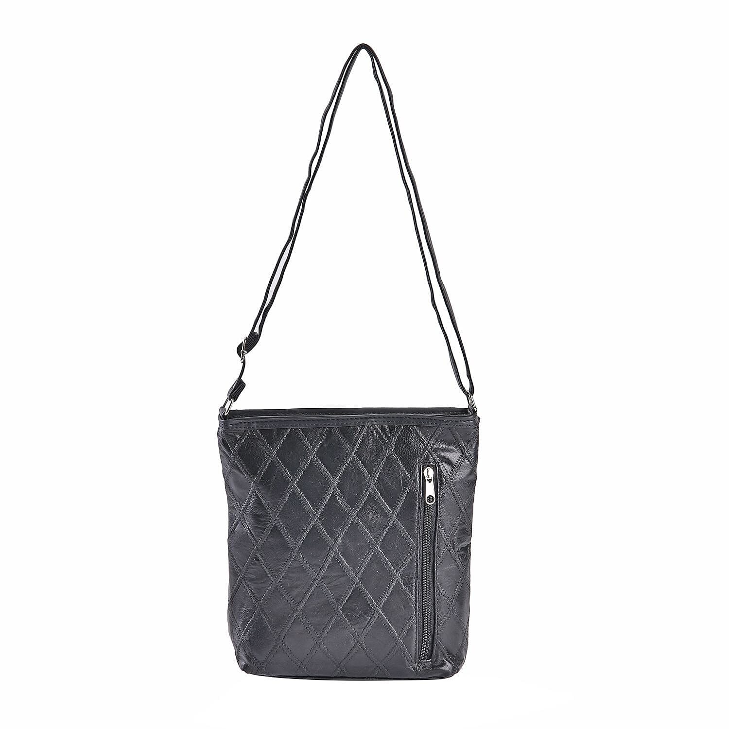 Black Quilted Checker Pattern Genuine Leather Crossbody Bag (10"x9.5"x2") with Adjustable Shoulder Strap