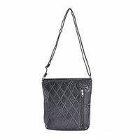 Black Quilted Checker Pattern Genuine Leather Crossbody Bag (10"x9.5"x2") with Adjustable Shoulder Strap