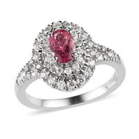 Ouro Fino Rubellite and Moissanite Double Halo Ring in Platinum Over Sterling Silver 0.75 ctw