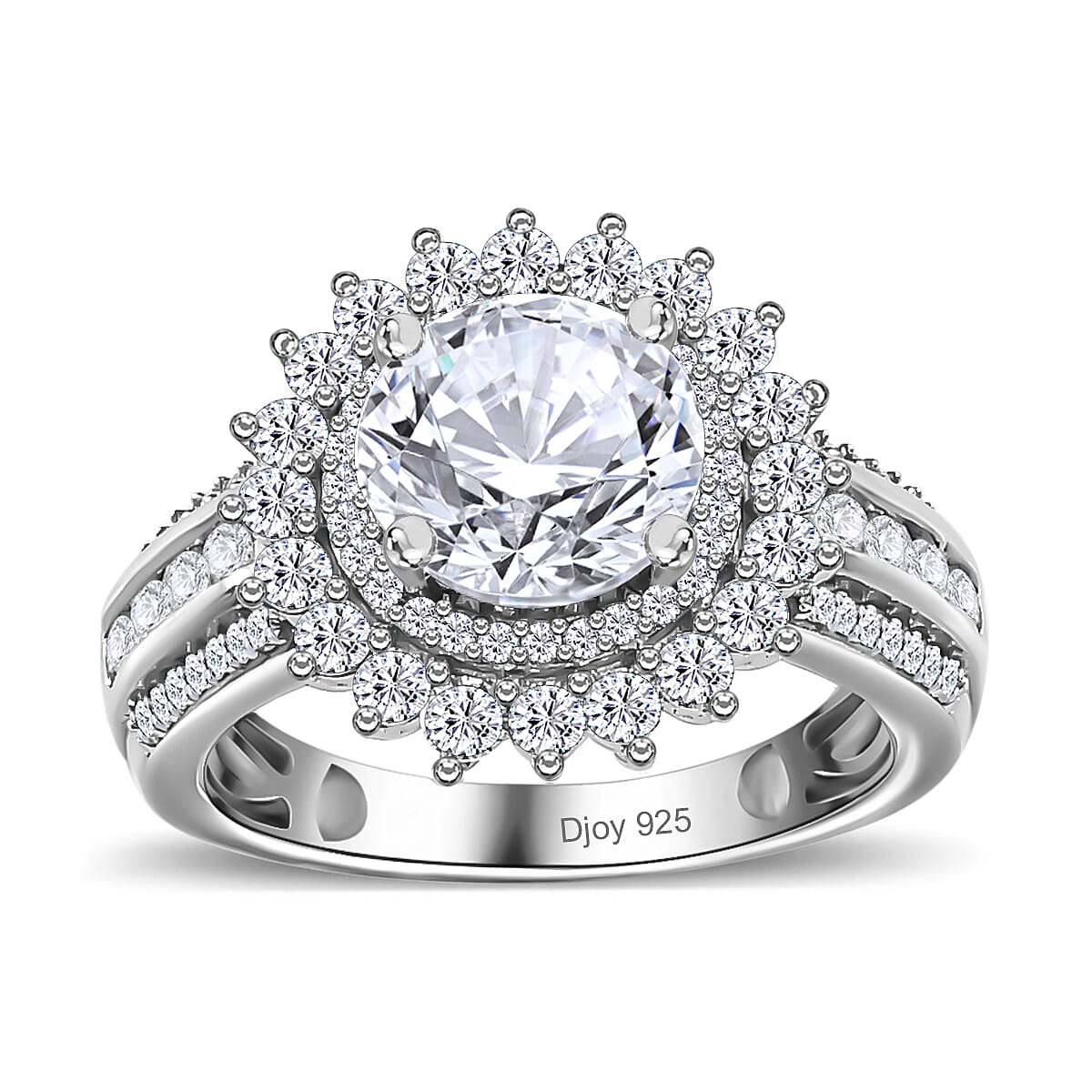 One Time Only Moissanite (Rnd 8mm) Double Halo Ring in Platinum Over Sterling Silver (Size 10.0) 2.35 ctw