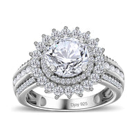 One Time Only Moissanite (Rnd 8mm) Double Halo Ring in Platinum Over Sterling Silver (Size 10.0) 2.35 ctw