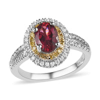 One Time Only Ouro Fino Rubellite, Moissanite, Natural Yellow Diamond Double Halo Ring in Platinum Over Sterling Silver (Size 10.0) 1.40 ctw