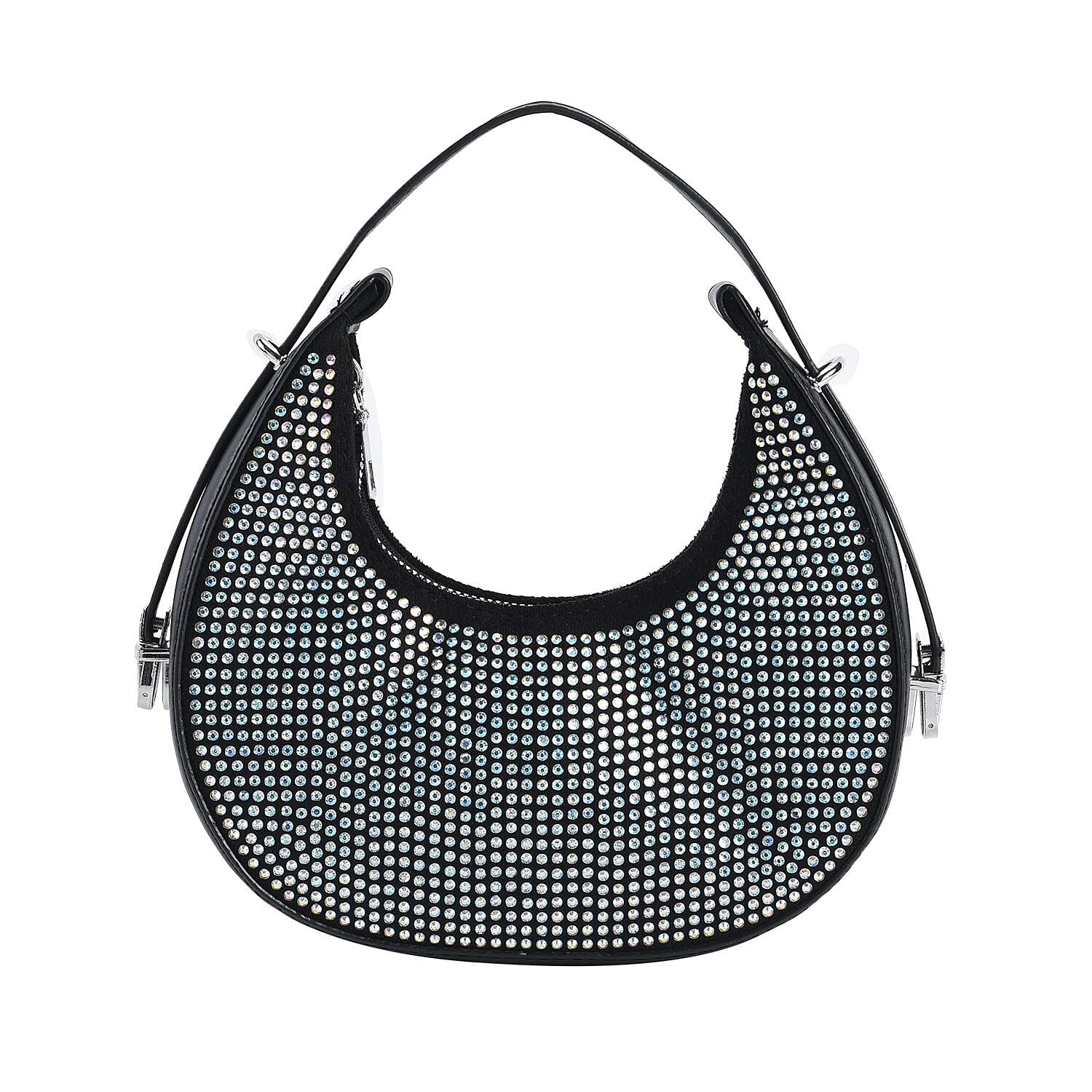 Aurora Borealis Crystal with Black Faux Leather Tote Bag (8.7"x2.4"x8.7") with Handle Drop
