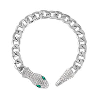 Green Glass and White Austrian Crystal Cable Link Chain with Snake Head & Tail Bracelet in Silvertone (10.50 In)