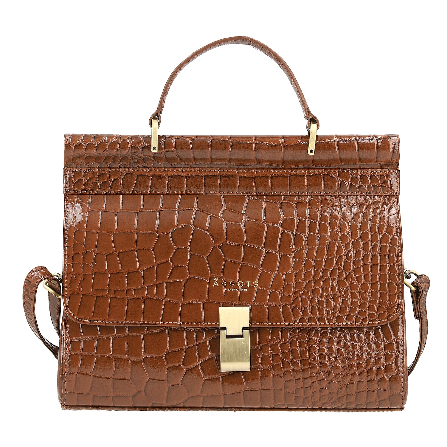 100% Genuine Leather Croco Embossed Satchel Bag Size: 11.61(L)x3.54(W)x9.64(H) Inches Color: Tan