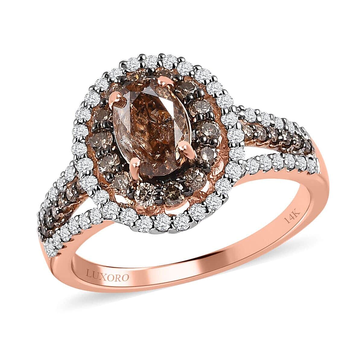 Luxoro 14K Rose Gold Natural Champagne and White Diamond (I1-I2) Double Halo Ring (Size 10.0) 2.00 ctw