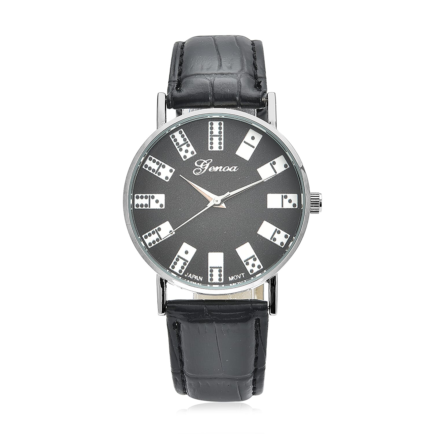 Genoa Miyota Japanese Movement 3D Domino Pattern Dial Watch in Silvertone with Black Faux Leather Strap (37mm)
