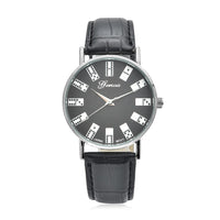 Genoa Miyota Japanese Movement 3D Domino Pattern Dial Watch in Silvertone with Black Faux Leather Strap (37mm)
