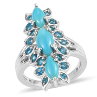 Natural Arizona Sleeping Beauty Turquoise and Malgache Neon Apatite Elongated Floral Ring in Platinum Over Sterling Silver 21.90 ctw
