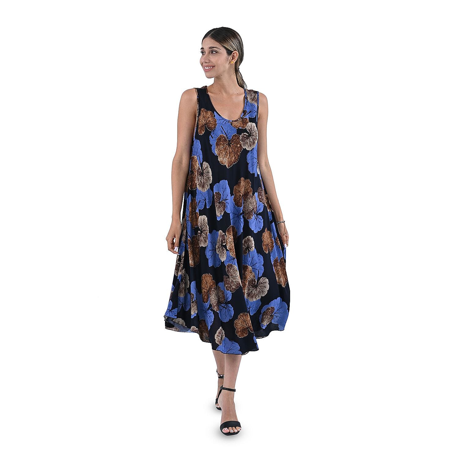 TAMSY Blue Leaf Print Sleeveless A-Line Dress - One Size Fits Most (24"x41")