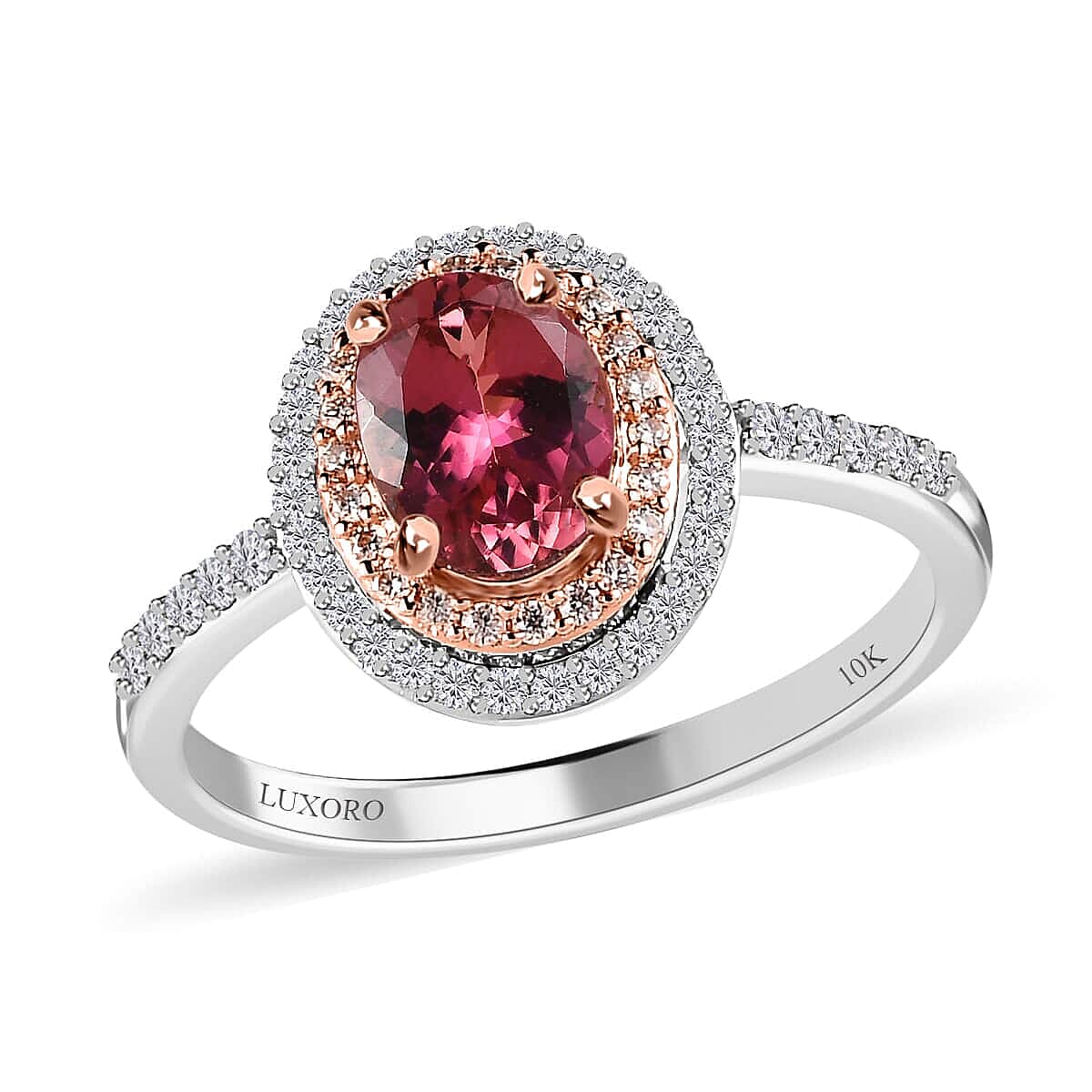 Luxoro 10K White and Rose Gold AAA Morro Redondo Pink Tourmaline and Moissanite Double Halo Ring (Size 6.0) 1.40 ctw