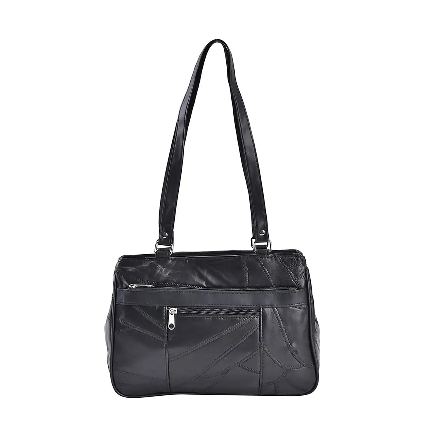 Black Patchwork Sheep Leather Cross Body Bag (11.7"x8"x3.5'') with Handle Drop and Detachable Shoulder Strap