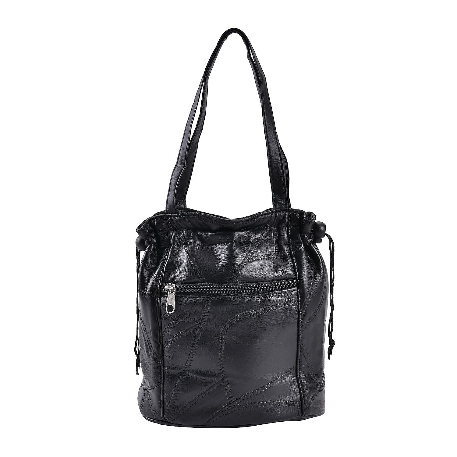 Black Patchwork Sheep Leather Drawstring Bucket Bag (7.5"x8.5"x4.3") with Faux Leather Handle Drop and Detachable Shoulder Strap