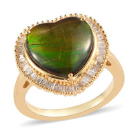 Canadian Ammolite and Diamond Heart Shape Halo Ring in Vermeil Yellow Gold Over Sterling Silver (Size 5.0) 4.60 ctw