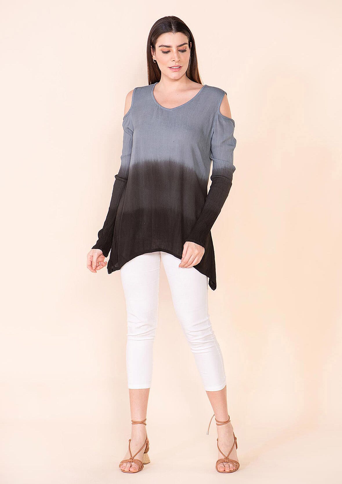 TAMSY Black and Gray Rayon Crepe Ombre Top - L