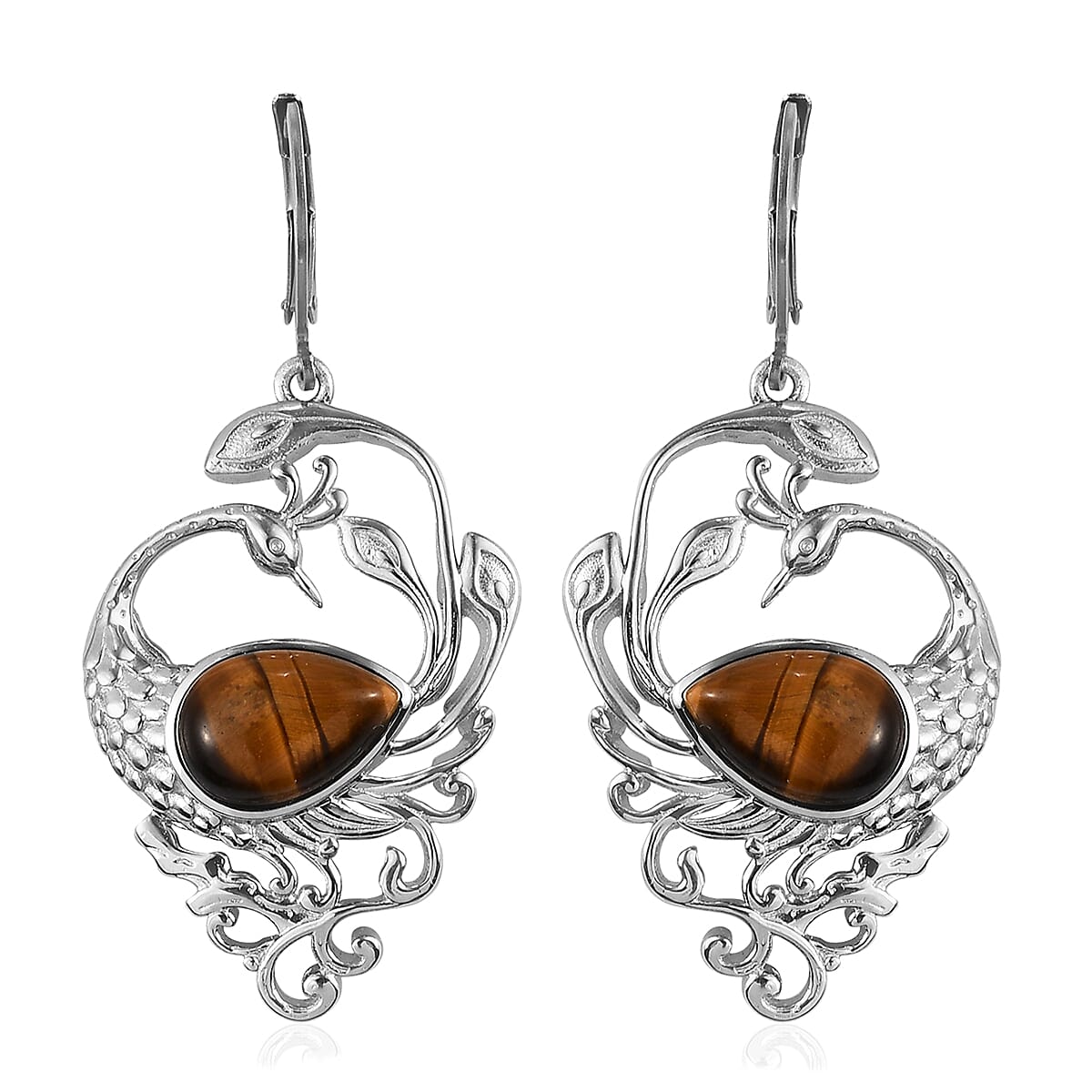 South African Tiger's Eye Peacock Earrings in Platinum Over Copper With Magnet and Stainless Steel 8.20 ctw