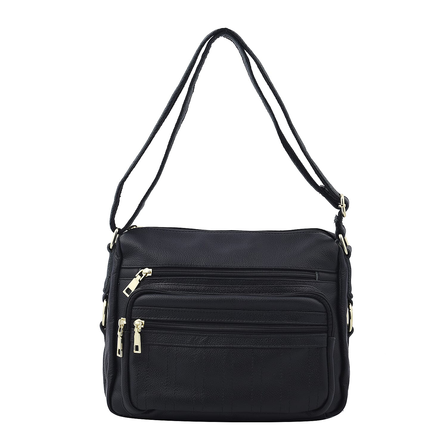 Black Color Multi Pocket Genunie Leather Crossbody Bag (11.02"x5.12"x9.05") with Shoulder Strap