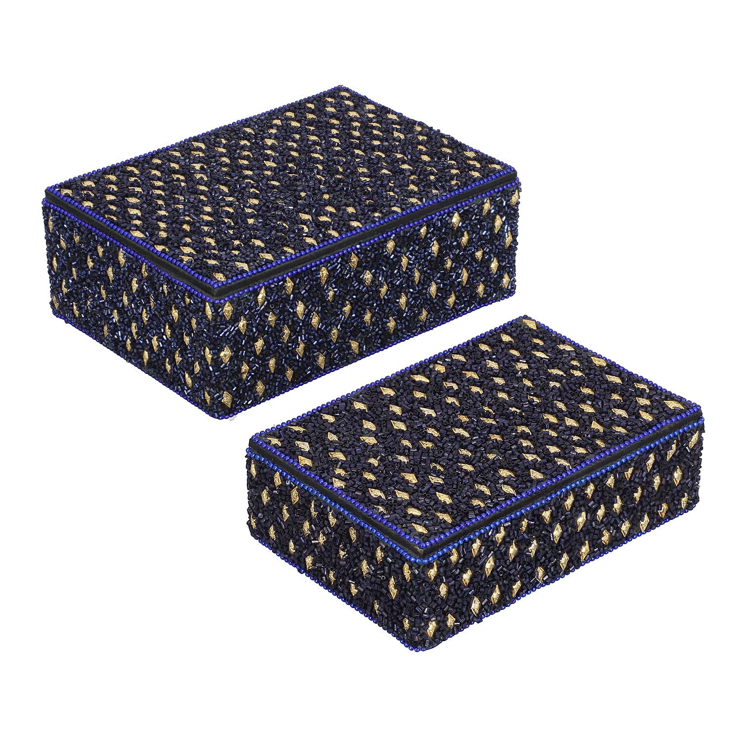 Handcrafted Set of 2 Navy Blue Beaded Decorated Nested Box (7"x 2.5", 6"x2")