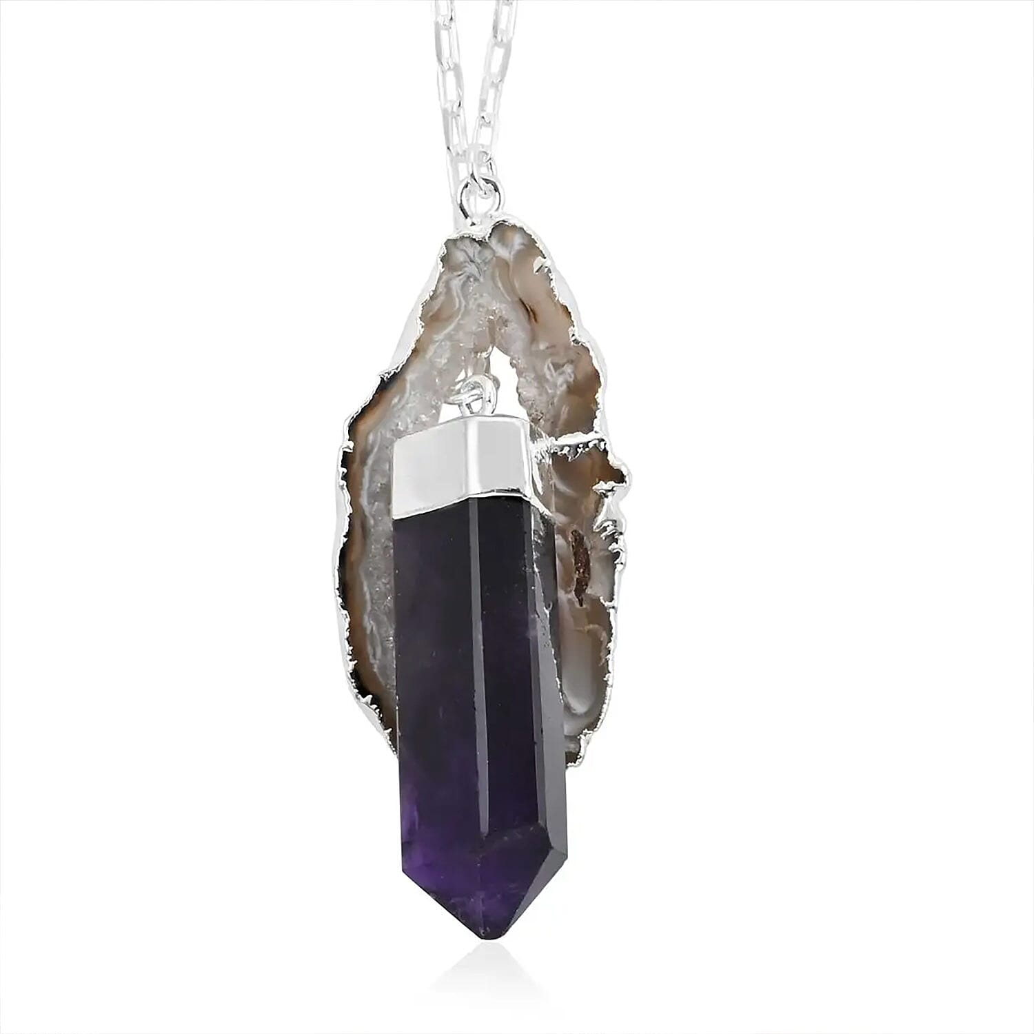 Terminated Light Amethyst and Agate Occo Necklace 18 Inches in Silvertone 67.50 ctw