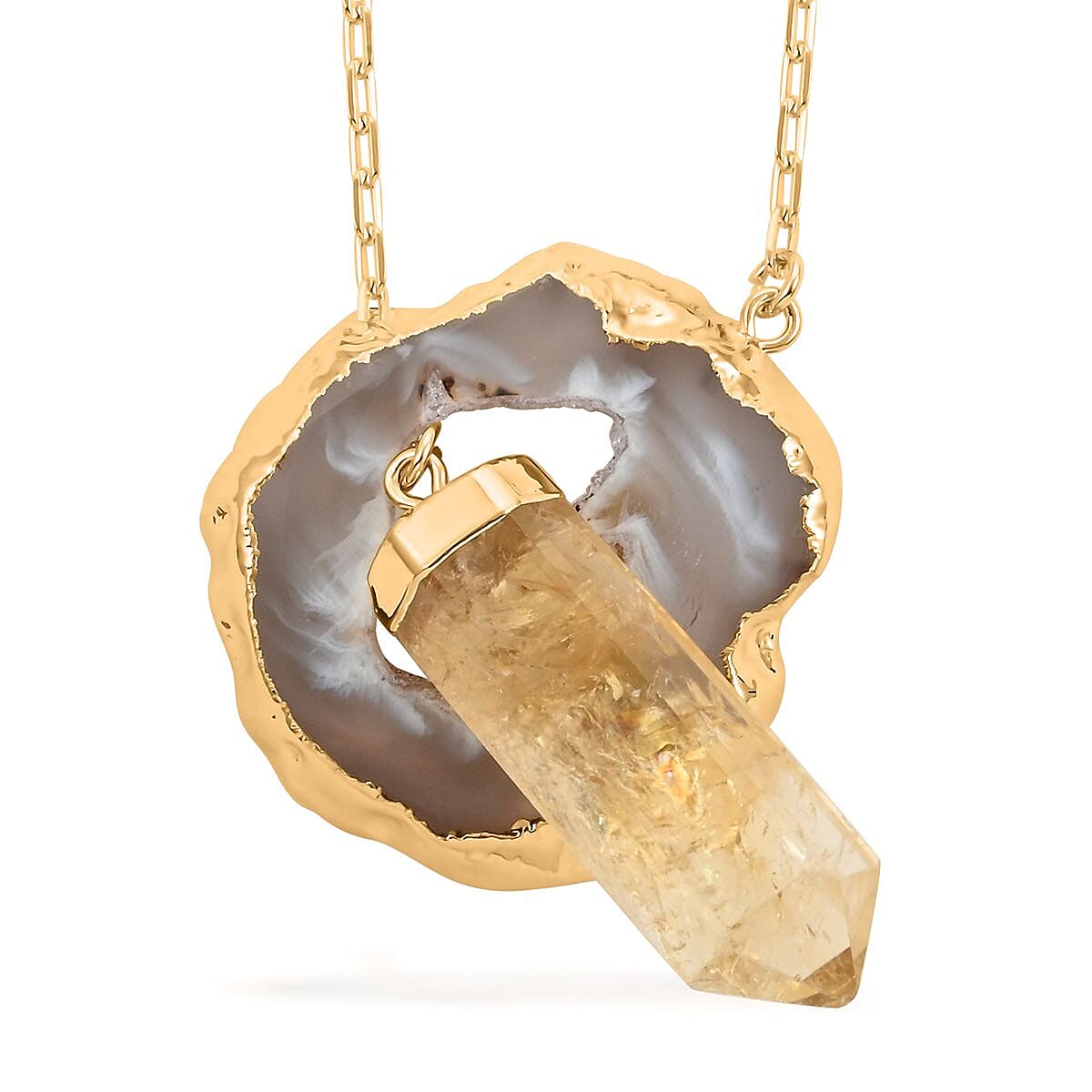 Made in Brazil Agate Occo and Terminated Light Citrine Pendant Necklace 18 Inches in Goldtone 41.25 ctw