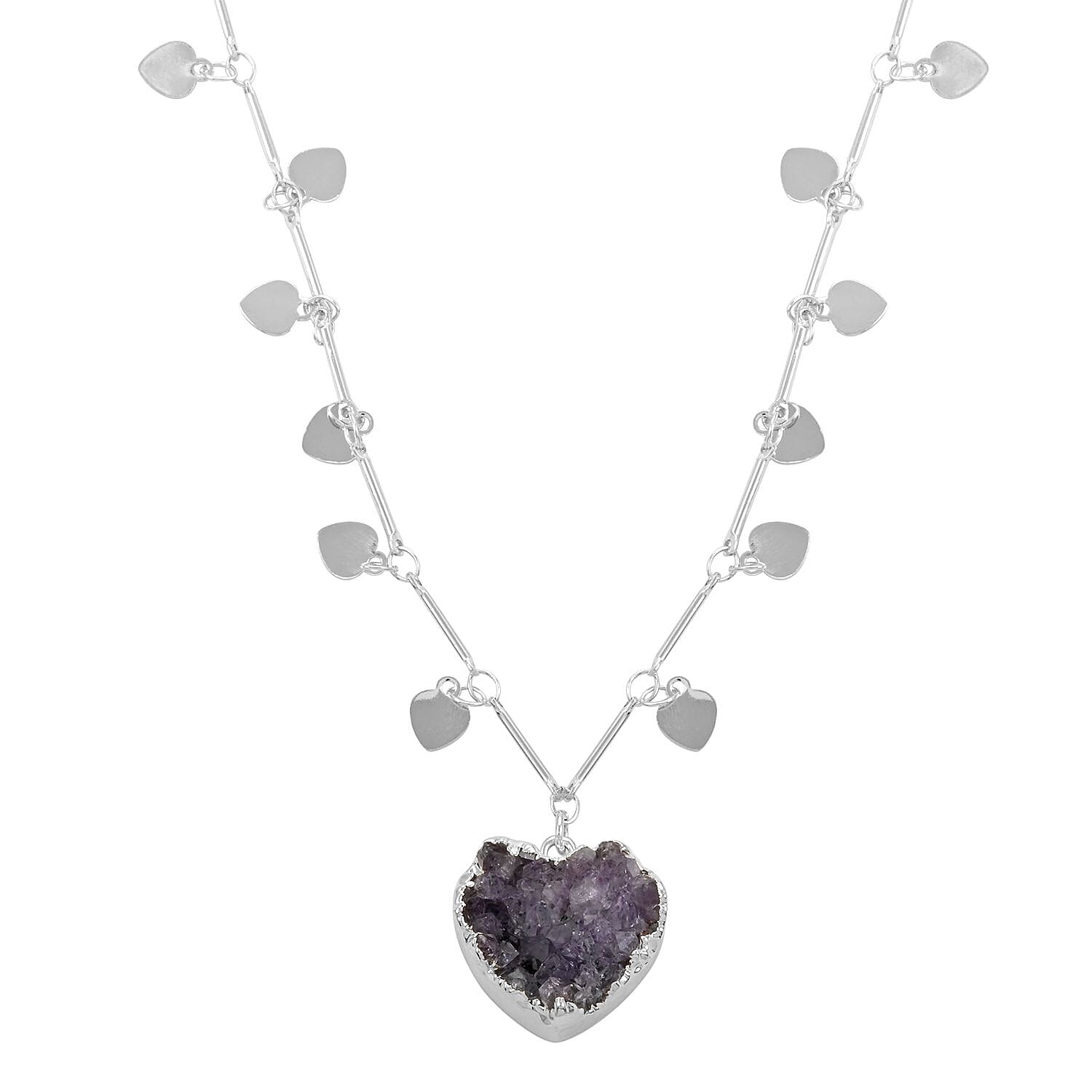 Amethyst Druse Heart Necklace 17-19 Inches in Silvertone 17.50 ctw