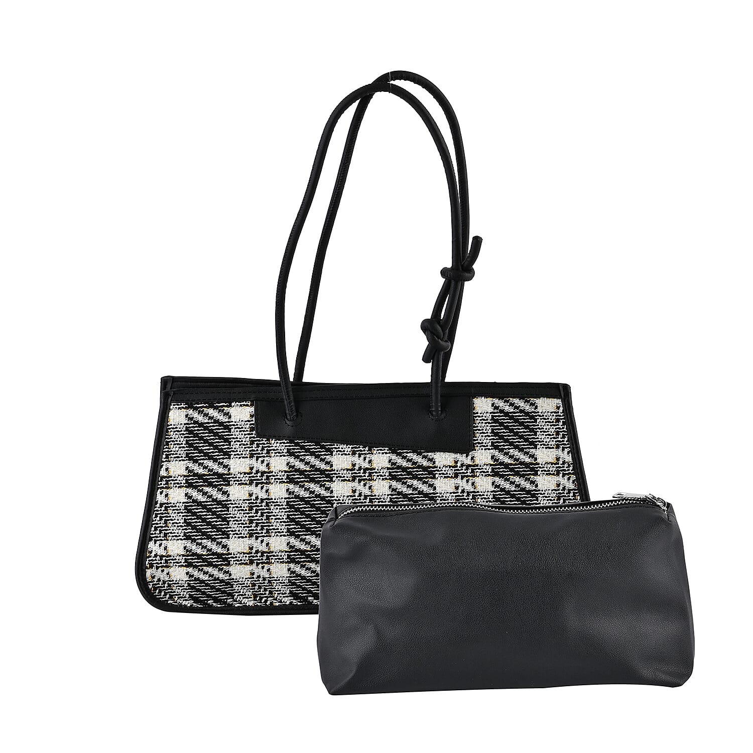 Black and White Plaid Pattern Faux Leather Tote Bag (15.6"x7.9"x5.5") and Cosmetic Bag (9.5"x3"x4.3")
