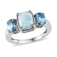 Larimar and Swiss Blue Topaz 3 Stone Ring in Platinum Over Sterling Silver 2.85 ctw