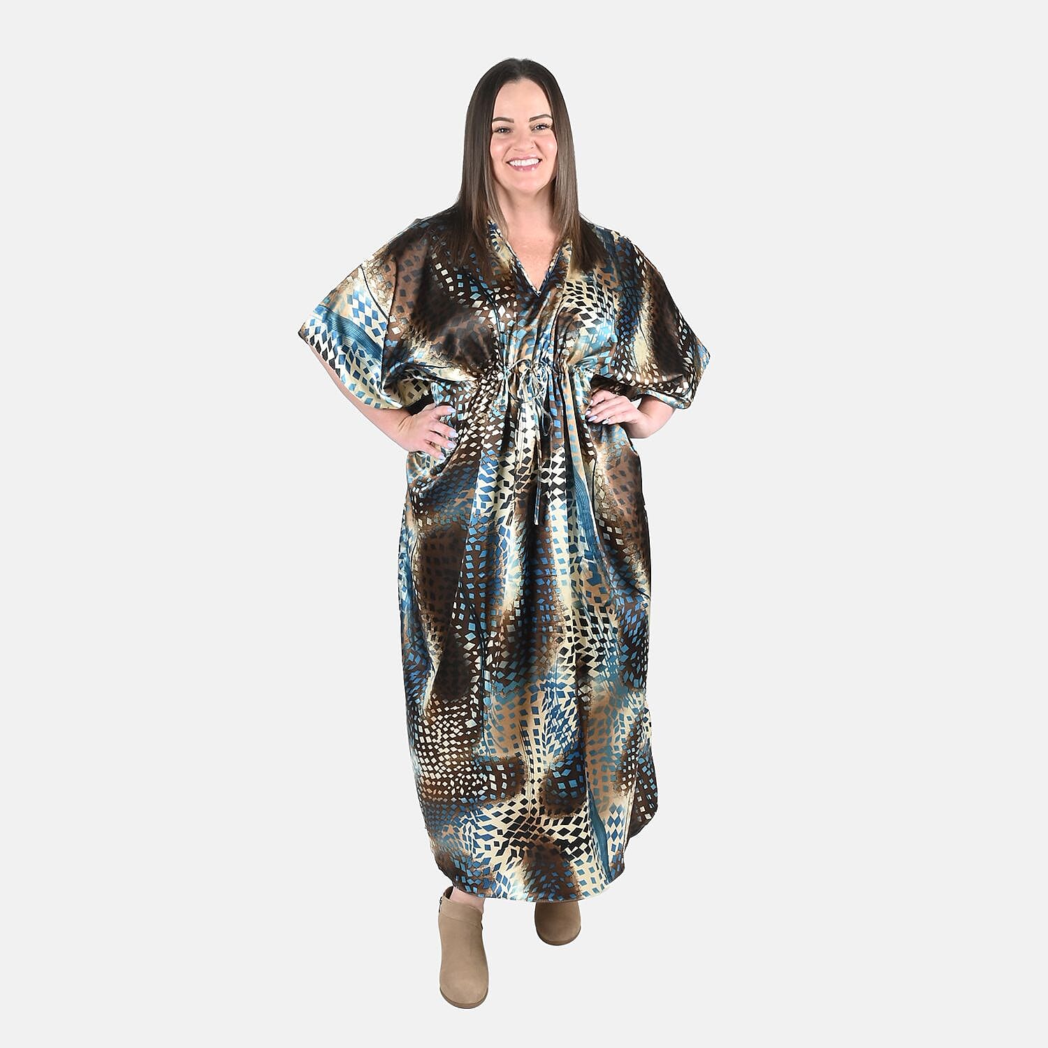 Winlar Teal Cheetah Print Kaftan with Drawstring