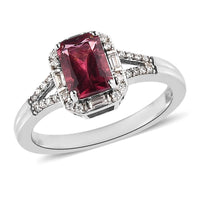 Radiant Cut Ouro Fino Rubellite and Moissanite Split Shank Ring in Platinum Over Sterling Silver 1.00 ctw