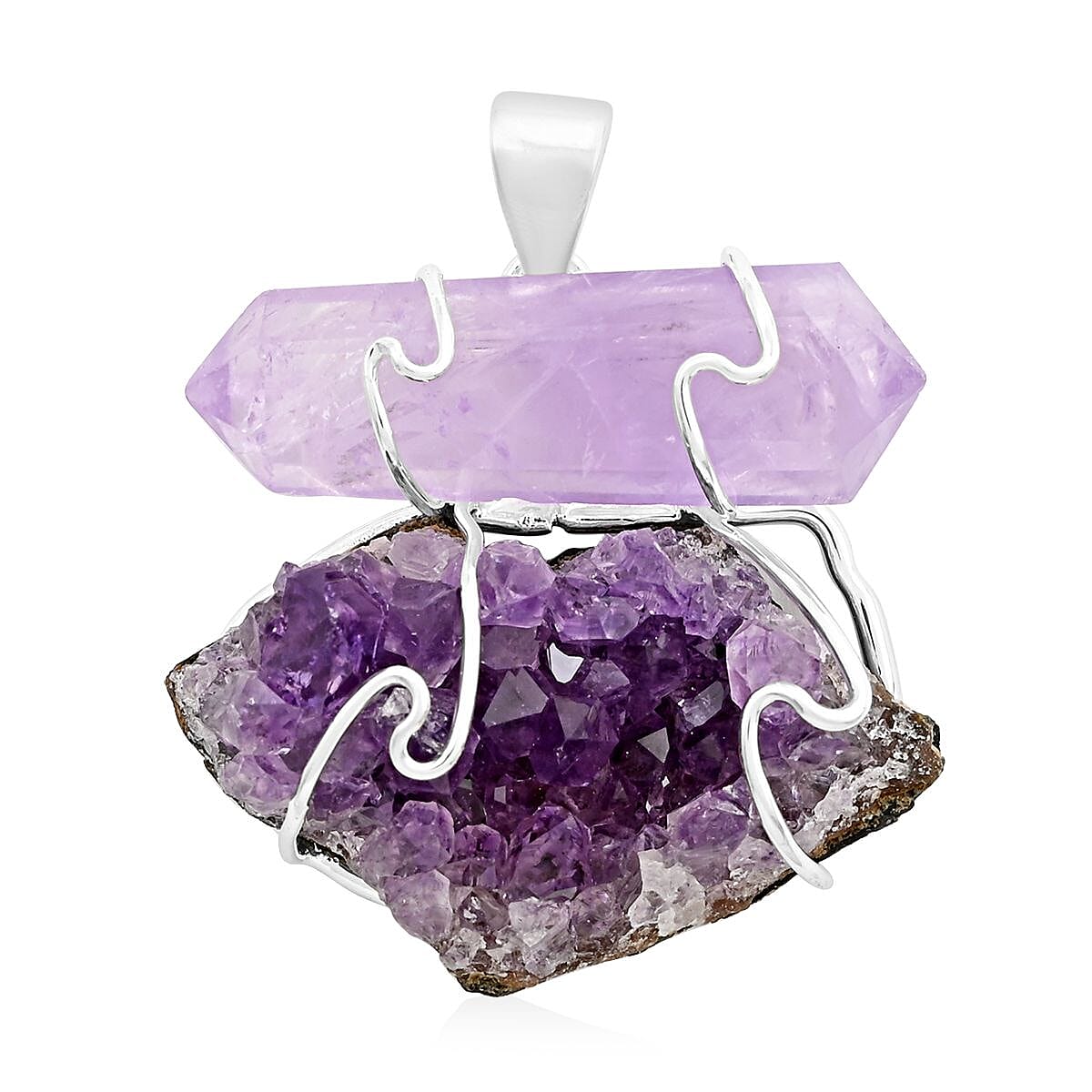 Druzy Amethyst and Amethyst Pendant in Silvertone 58.50 ctw