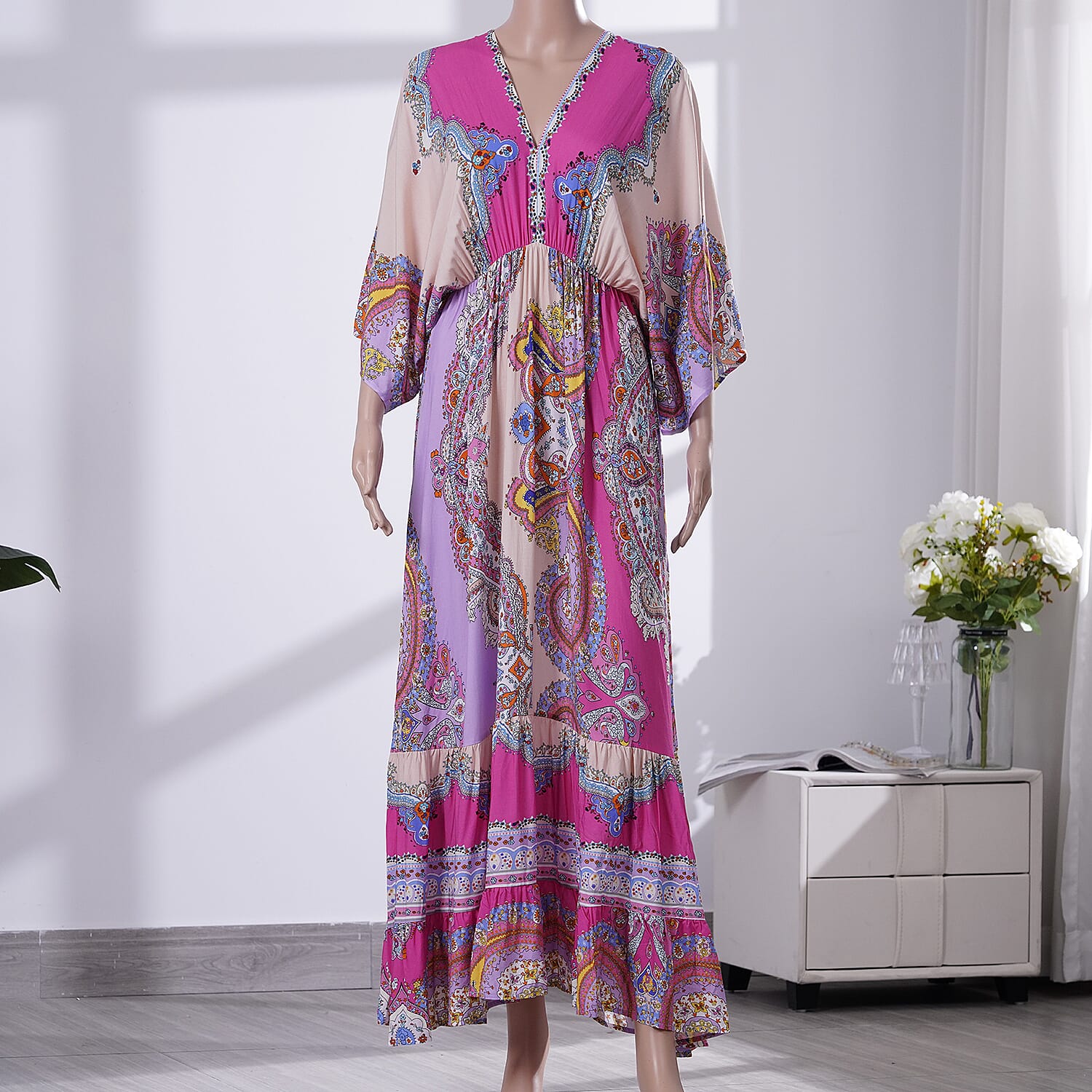 Tamsy Pink Printed V-Neckline Maxi Dress