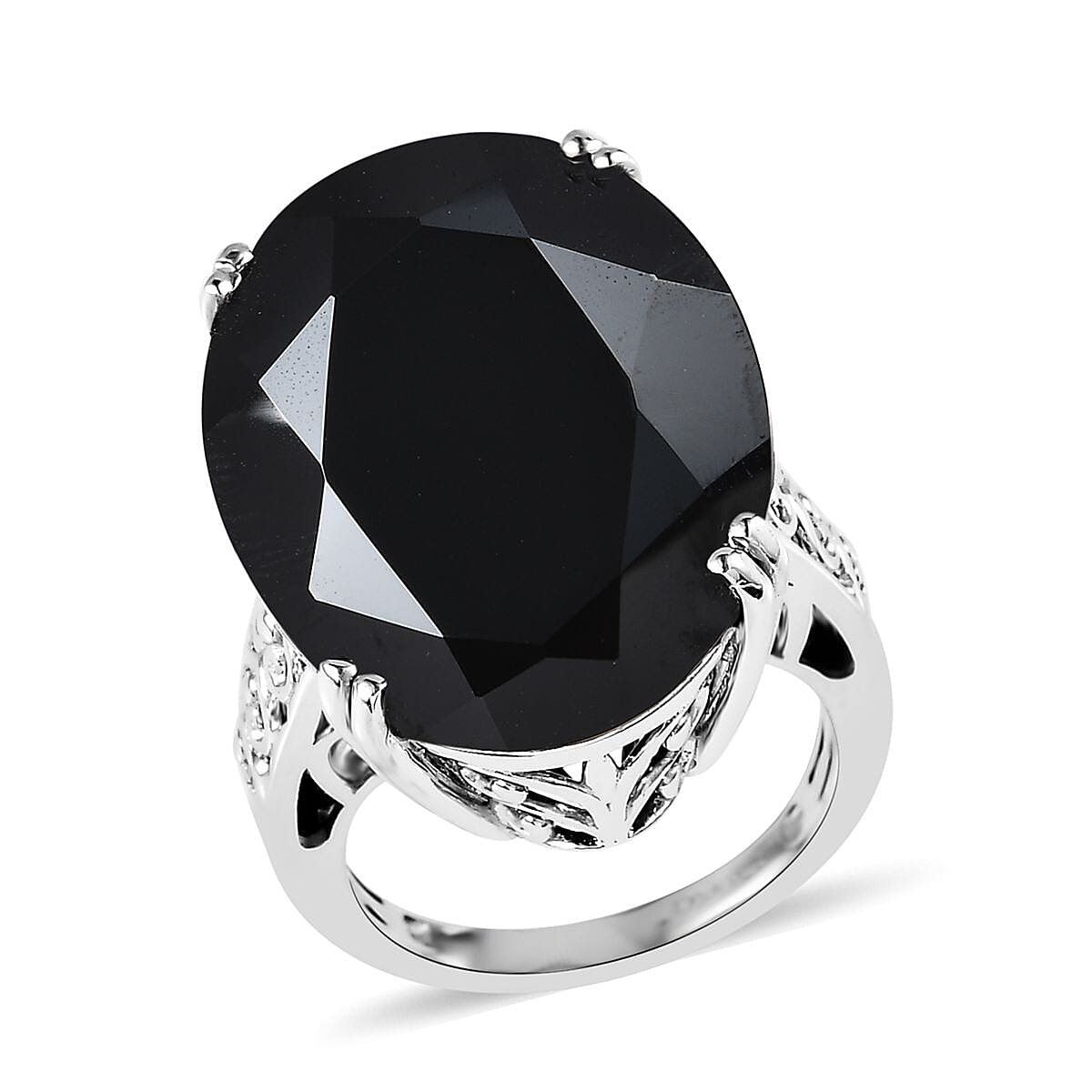 One Time Only Thai Black Spinel Solitaire Ring in Platinum Over Sterling Silver (Size 8.0) 40.75 ctw