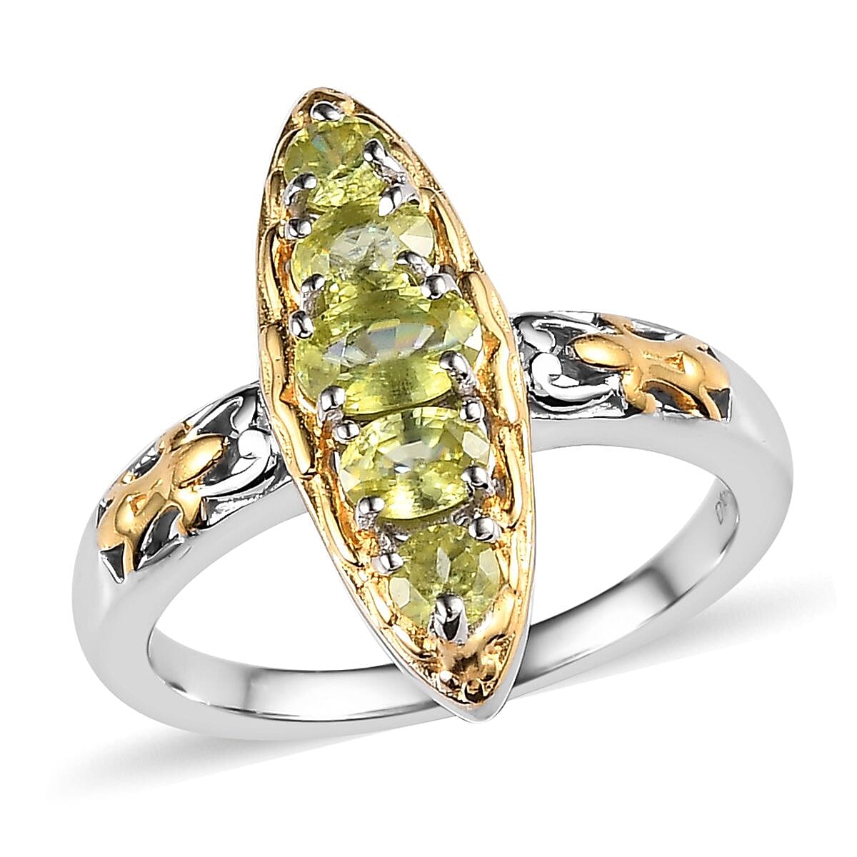 Premium Sava Sphene Elongated Ring in Vermeil Yellow Gold and Platinum Over Sterling Silver 1.00 ctw