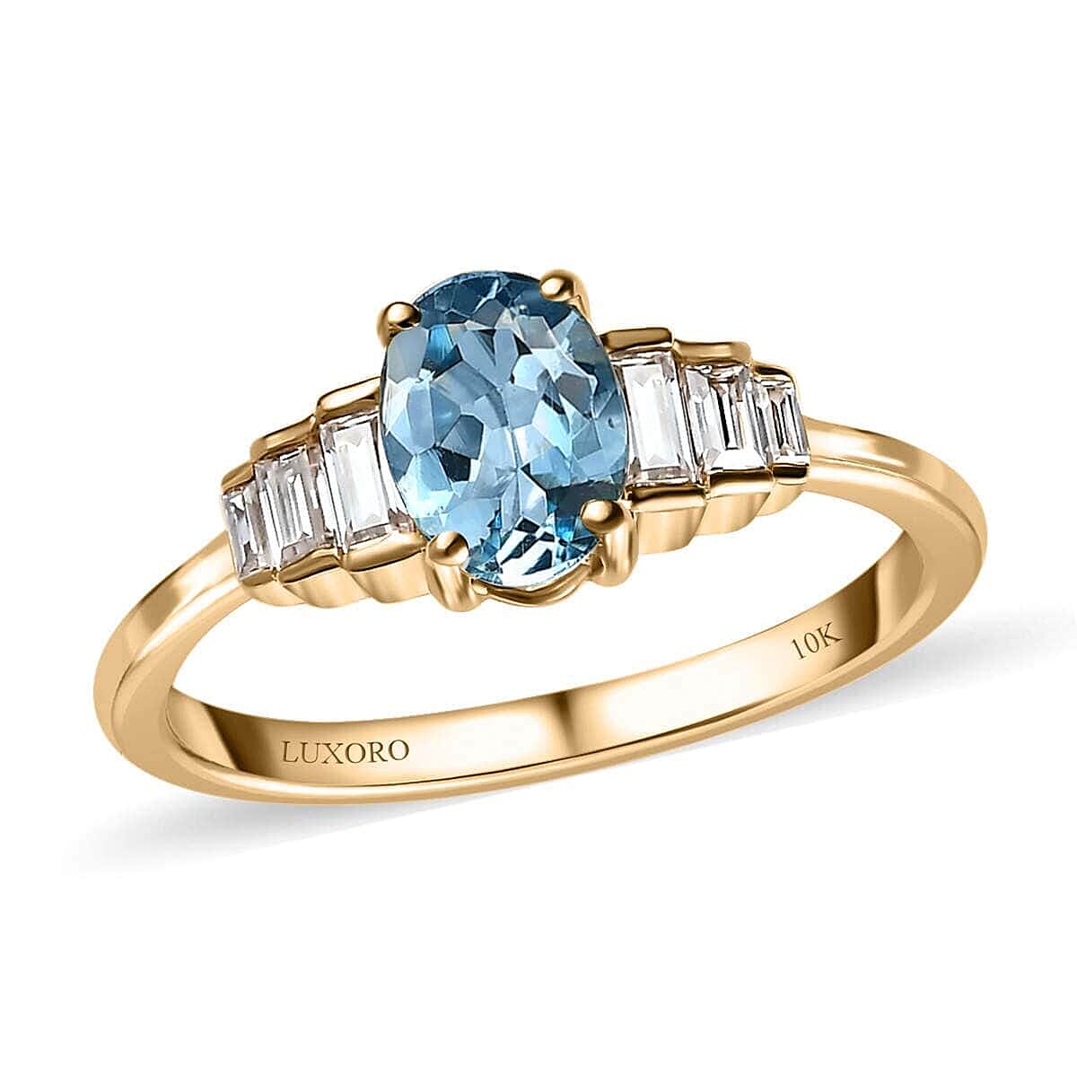 Luxoro 10K Yellow Gold AAA Santa Maria Aquamarine, Moissanite Ring 0.90 ctw