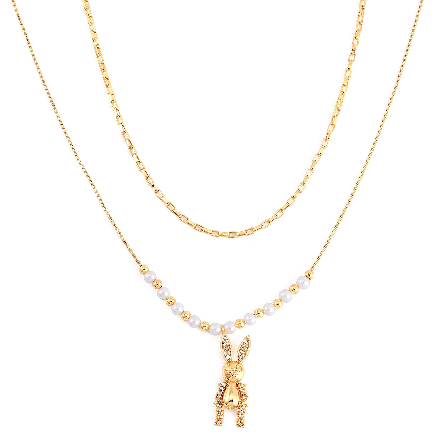 White Shell Pearl and Austrian Crystal Rabbit Necklace 20-22 Inches in Goldtone