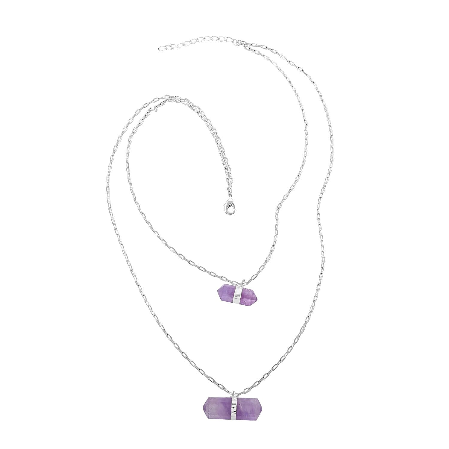 Made in Brazil Amethyst Multi Layer Necklace 21-23 Inches in Silvertone 36.00 ctw